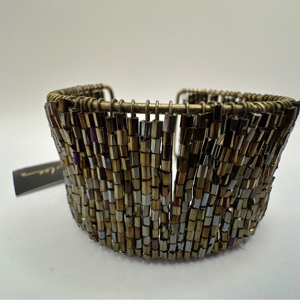 Cookie Lee Glass Bead Cuff Bracelet Wide Statement Bronze Gold Tone Boho Glam - Picture 3 of 7
